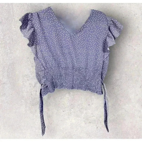 Purple Crop Top With Polk-a Dots V-neck Capped Ruffle Sleeves Plus Size 4XL - Picture 3 of 7